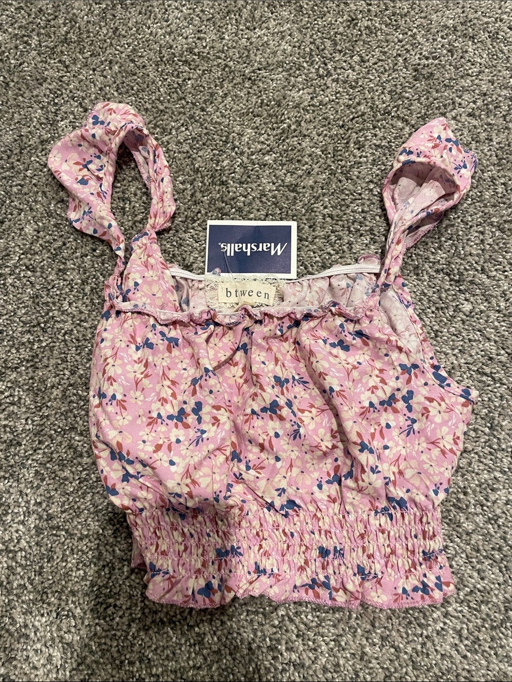 btween Pink Floral Cropped Top with Navy & Cream Accents